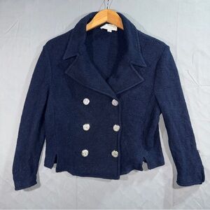 St John Collection Pea Coat Blazer Womens 14 Navy Wool Knit Double Breasted